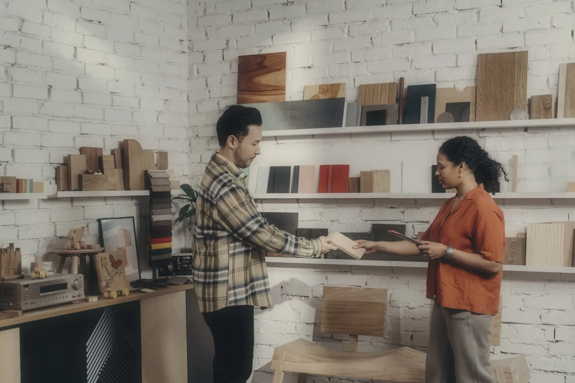 A consultation over kitchen samples in a showroom
